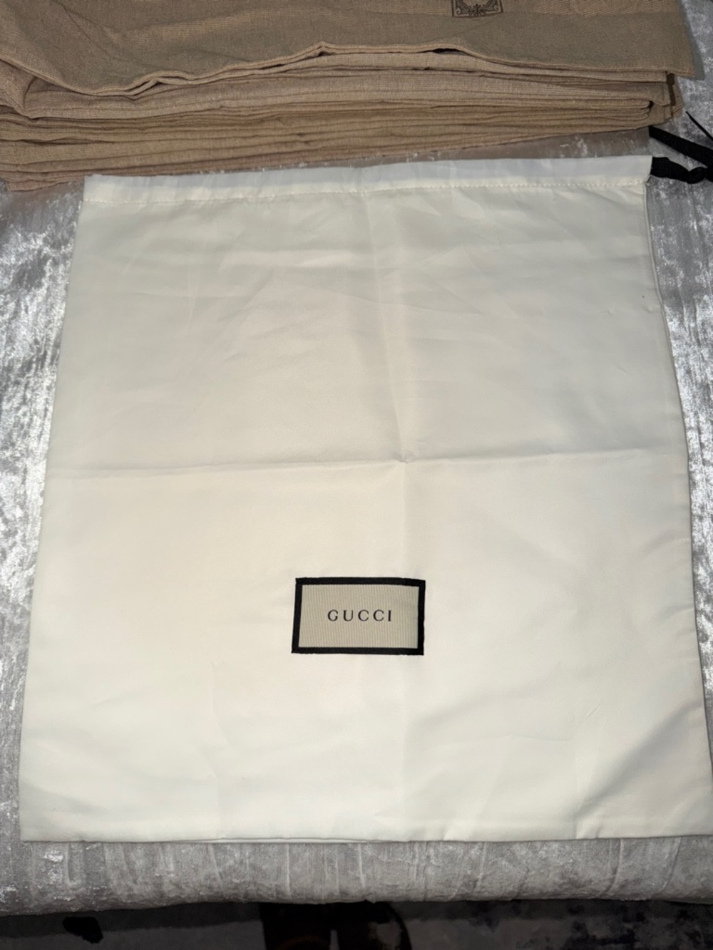 Gucci Cream and Black Logo Drawstring Dust Bag 13X15
